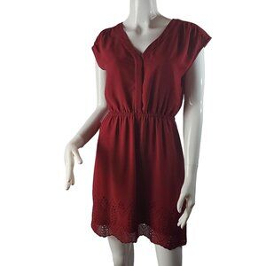 Madewell Womens Red V-Neck Dress Size 0 Embroidered Hem Polyester/Cotton